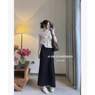  METWO. - Set áo sơ mi ren kiểu sát nách thêu hoạ tiết hoa nổi QC kèm chân váy zip đen trơn dài midi ulzzang tiểu thư HQ 