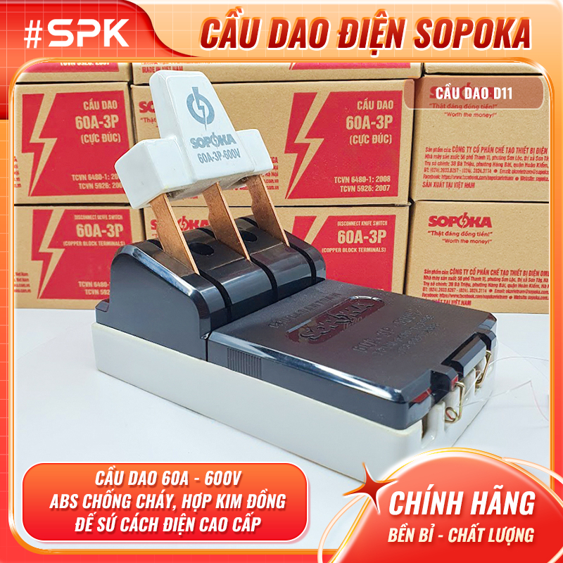 SOPOKA Cầu Dao Điện Đế Sứ 3 Pha 60A - Cực Đúc D11/D11(A) ABS Chống Cháy Hợp Kim Đồng Chất Lượng Cao