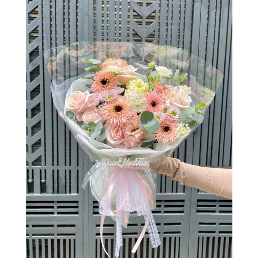 (Giao Hỏa Tốc) Bó Hoa Tươi Sinh Nhật Kem Dâu Đồng Tiền Tua Đẹp Xinh