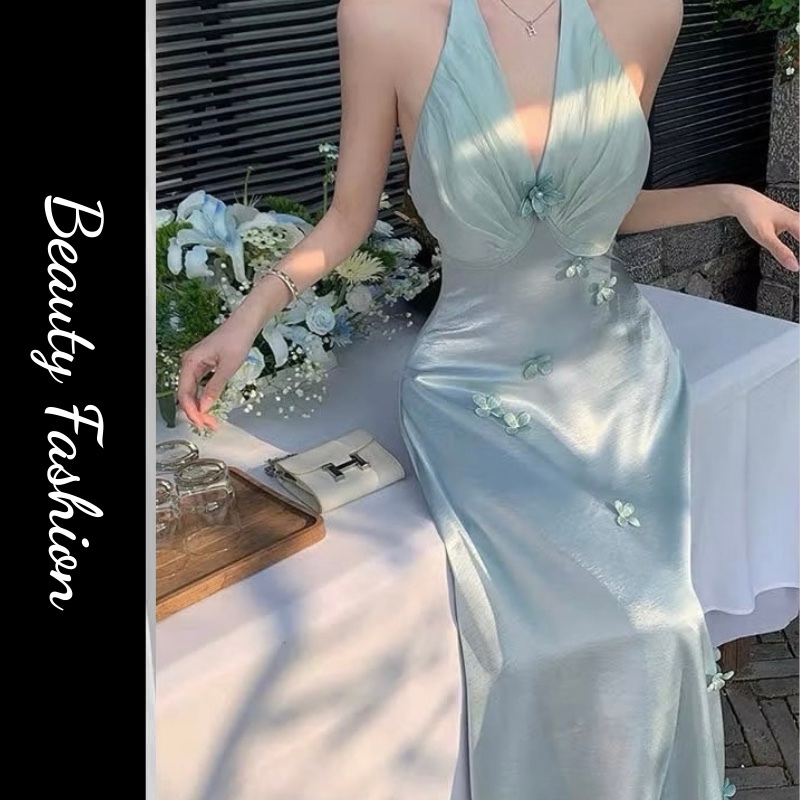 ĐẦM YẾM LỤA ĐÍNH HOA, VÁY NỮ XANH PASTEL DÁNG DÀI CỔ YẾM DỰ TIỆC SANG TRỌNG