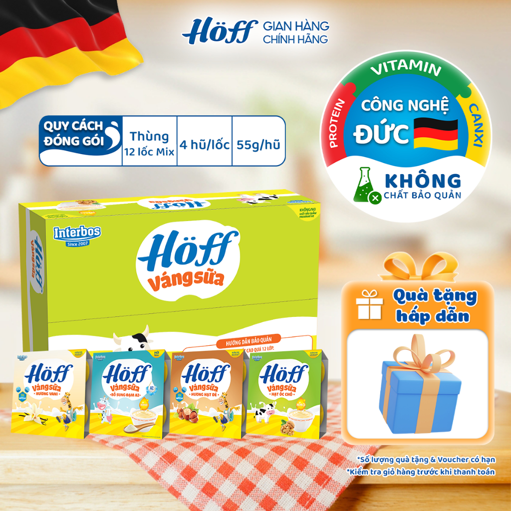 Thùng Váng sữa trẻ em HOFF Mix vị cho bé từ 6 tháng tuổi giàu protein, canxi - 12 Lốc (48 hộp x 55g)