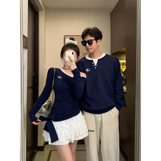 Không kèm chân váy nữ-Set đồ đôi áo cặp đôi tay dài thu đông xanh navy nữ dáng trễ vai xinh xắn