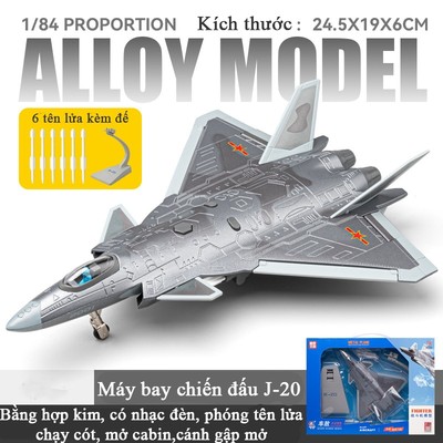 Đồ chơi máy bay chiến đấu tàng hình J-20 KAVY bằng hợp kim có nhạc và đèn phóng tên lửa kèm chân đế