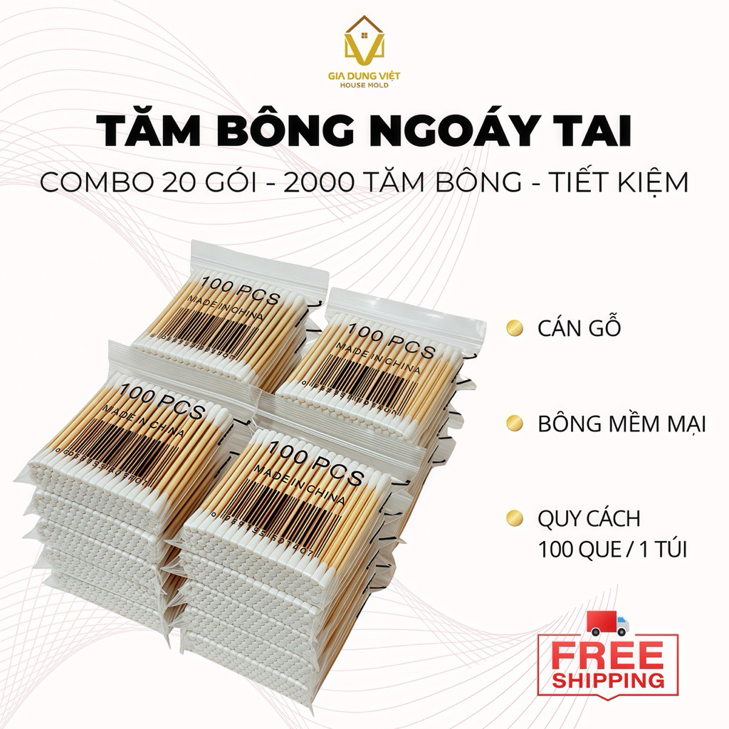 Combo 20 Gói Tăm Bông Ngoáy Tai Cán Gỗ Đa Dụng 2000 Que