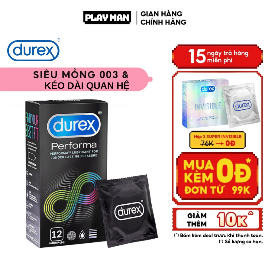 Hộp 12 Bao Cao Su DUREX PERFORMA Kéo Dài Thời Gian Quan Hệ Hàng Chính Hãng