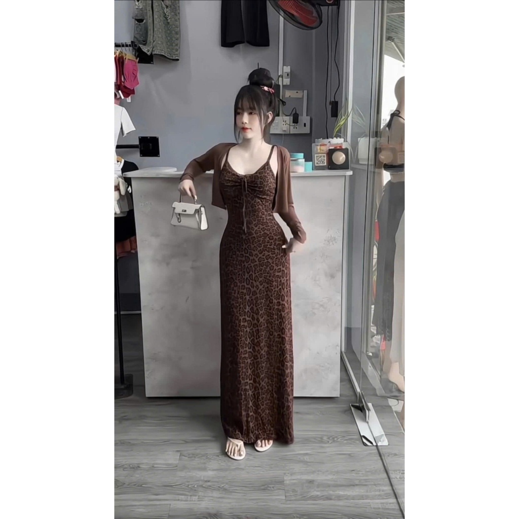 Set Đầm Body Nữ 2 Dây Dáng Dài NOBICO D211, Váy Body Nữ Thiết Kế Họa Tiết Da Báo Cao Cấp Kèm Áo | BigBuy360 - bigbuy360.vn