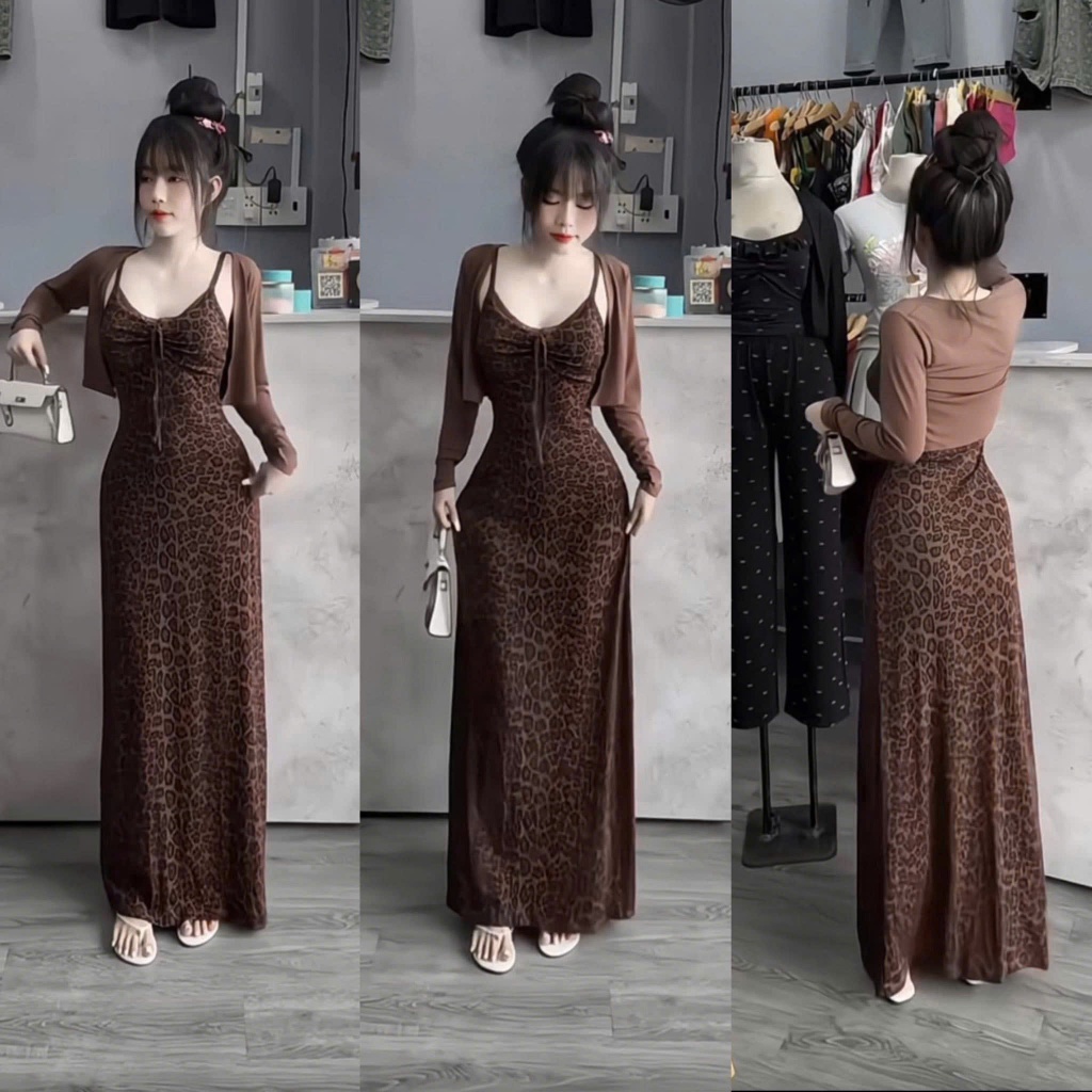 Váy Nữ Body 2 Dây Dáng Dài KANOMY D211, Đầm Body Nữ Thiết Kế Da Beo Phong Cách Thời Trang Kèm Áo | BigBuy360 - bigbuy360.vn