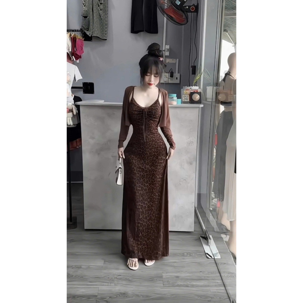 Set Đầm Body Nữ 2 Dây Dáng Dài NOBICO D211, Váy Body Nữ Thiết Kế Họa Tiết Da Báo Cao Cấp Kèm Áo | BigBuy360 - bigbuy360.vn