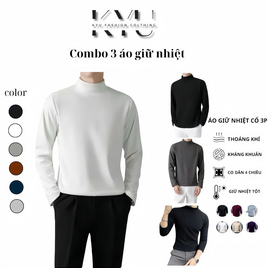 Áo Giữ Nhiệt Nam Áo Thun Nam Tay Dài Có Cổ Cao Lót Nỉ Cotton Thu Đông Giữ Ấm