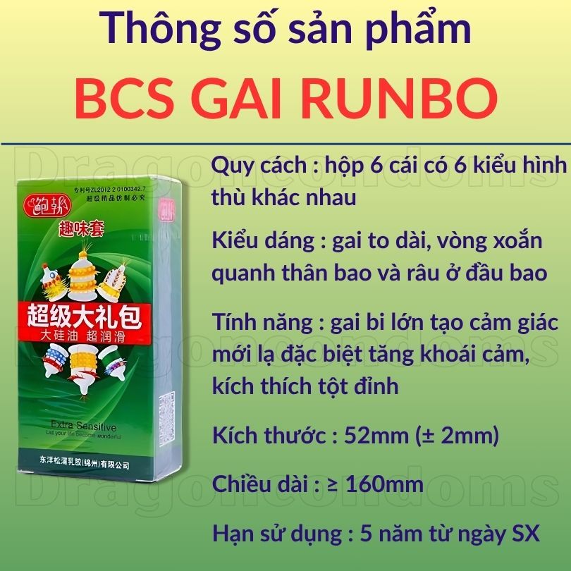 [hộp 6 cái 6 kiểu] Bao cao su gai bi lớn RUNBO chống xuất tinh sớm Bcs gân gai bi kéo dài thời gian