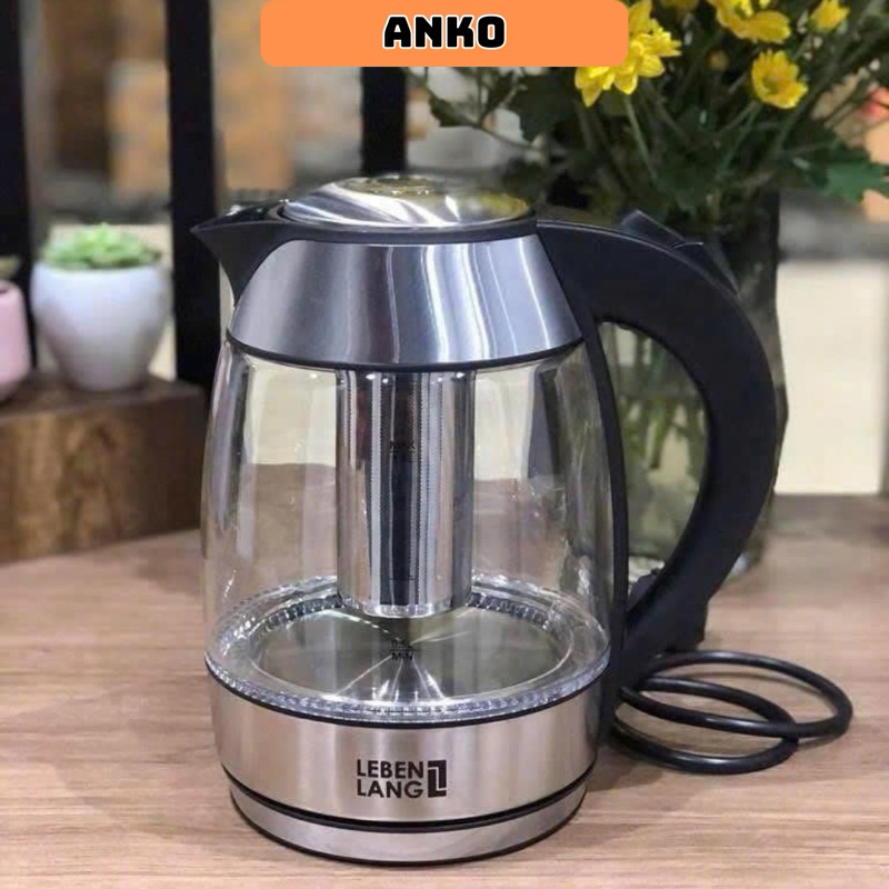 Ấm siêu tốc 1.8 lít bình thủy tinh LEBENLANG LBE2819 từ Đức gồm lõi lọc trà bằng inox, bảo hành 2 nă