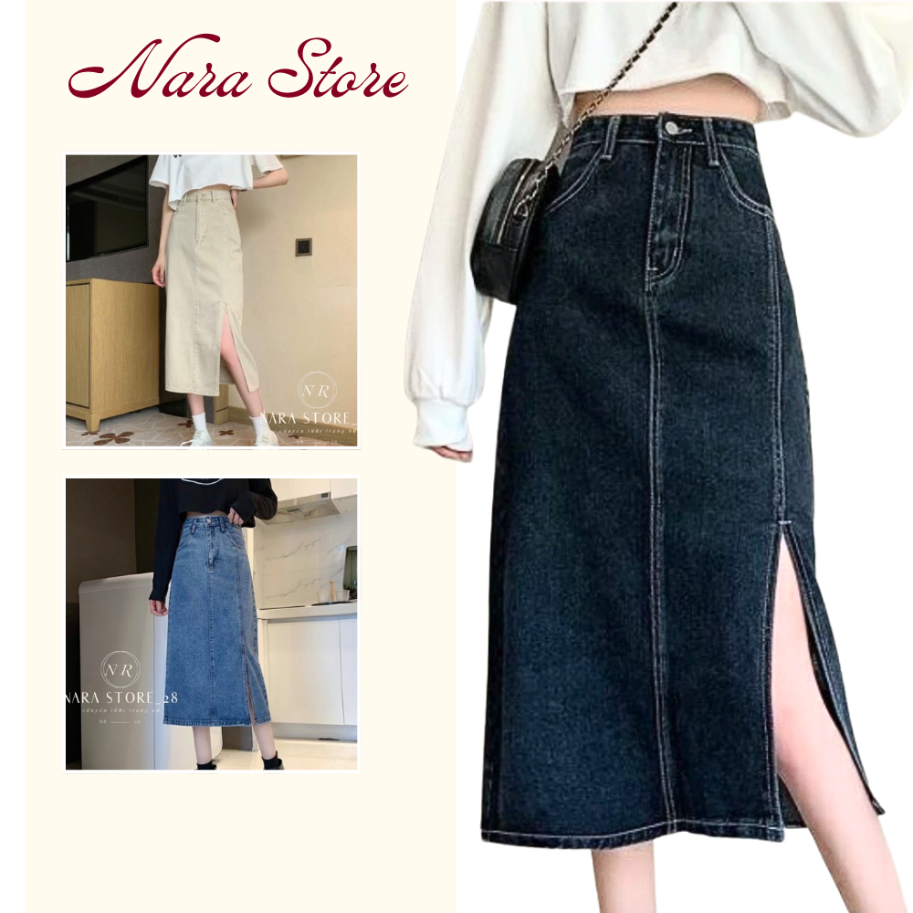 Chân Váy Bò Dài Cạp Cao Nara Srore Xẻ Tà Dáng Chữ A (có ảnh thật) CV02
