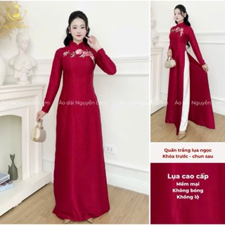  Áo dài Kim Trà màu đỏ đô áo dài lụa vân thêu hoa sắc nét thêu tay thủ công sang trọng thanh lịch - Áo dài Nguyễn Lâm 