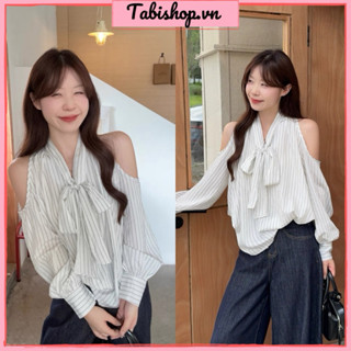 Áo sơ mi nữ dài tay khoét hở vai TABISHOP Áo kiểu nữ kẻ sọc phong cách Hàn Quốc dễ thương(212)