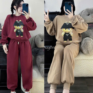  Set bộ nỉ nữ mùa đông phom rộng dưới 55kg bộ nỉ dài tay nữ đồ nữ thu đông chất nỉ bông in gấu 2 tai 