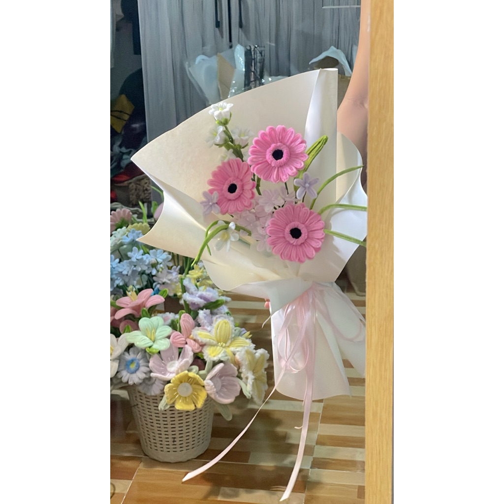 Bó hoa đồng tiền kẽm nhung ép nhiệt tone hồng đậm xinh xắn dễ thương