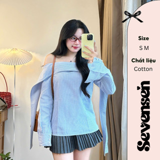 Áo Kiểu Nữ Kẻ Sọc Trễ Vai Tay Dài Phong Cách Hàn Quốc Dễ Thương Đi Chơi Đi Học Sevensen - KCD02