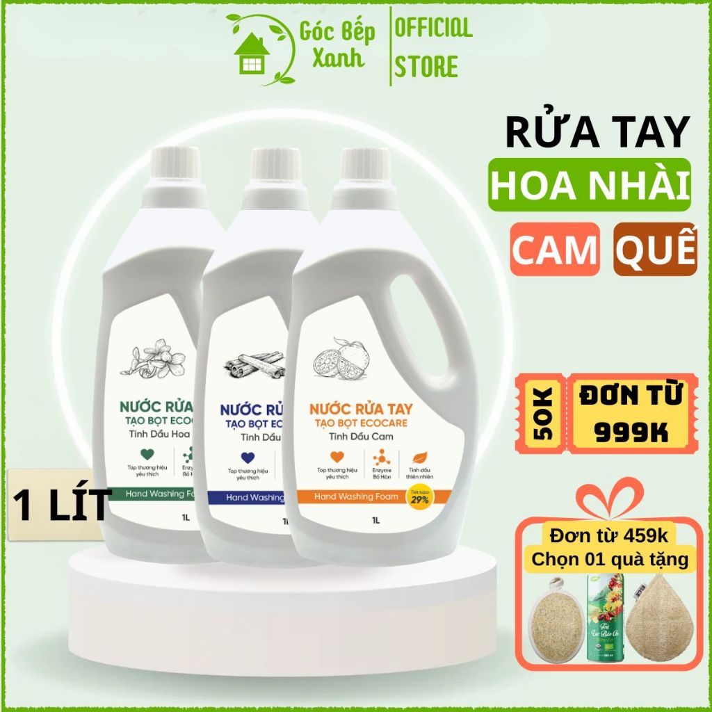 Nước rửa tay Ecocare Hữu Cơ Dạng Bọt tinh dầu cam, quế, nhài chai 1 lít