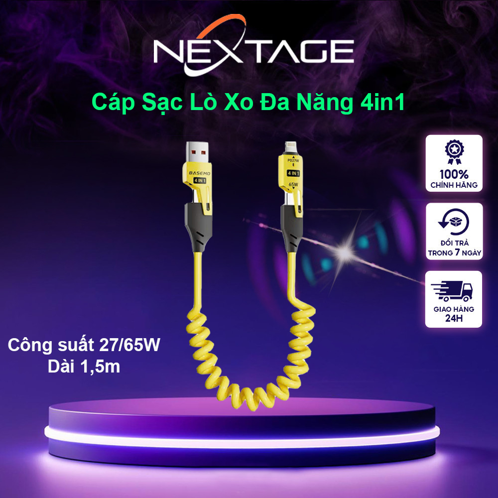 Dây Sạc Lò Xo 4IN1 Tiện Lợi - Đa Năng, Thiết Kế LÒ XO Kéo Dài 1.5M, Sạc Nhanh Chuẩn PD C - L 27W,C-C 65W, Copy Dữ Liệu