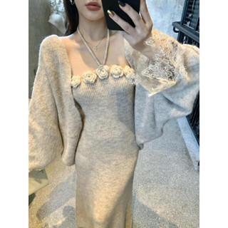  Set đồ nữ sang chảnh set len nữ thu đông áo khoác ngoài dáng ngắn+ váy body đính hoa dây buộc tiểu thư hàng QCCC #1789 