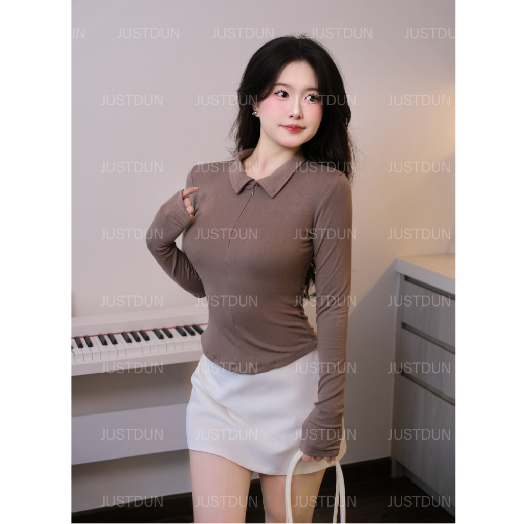 [Mở Bán] Áo Thun Nữ JUSTDUN 13A - Tay Dài, Ôm Body, Cổ Bẻ Phối Khóa Kéo, Dáng Vạt Bầu, Cotton Mịn | BigBuy360 - bigbuy360.vn
