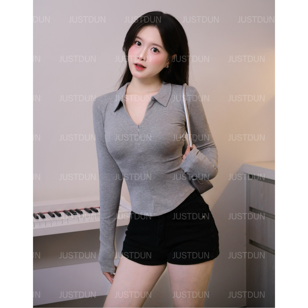 [Mở Bán] Áo Thun Nữ JUSTDUN 13A - Tay Dài, Ôm Body, Cổ Bẻ Phối Khóa Kéo, Dáng Vạt Bầu, Cotton Mịn | BigBuy360 - bigbuy360.vn