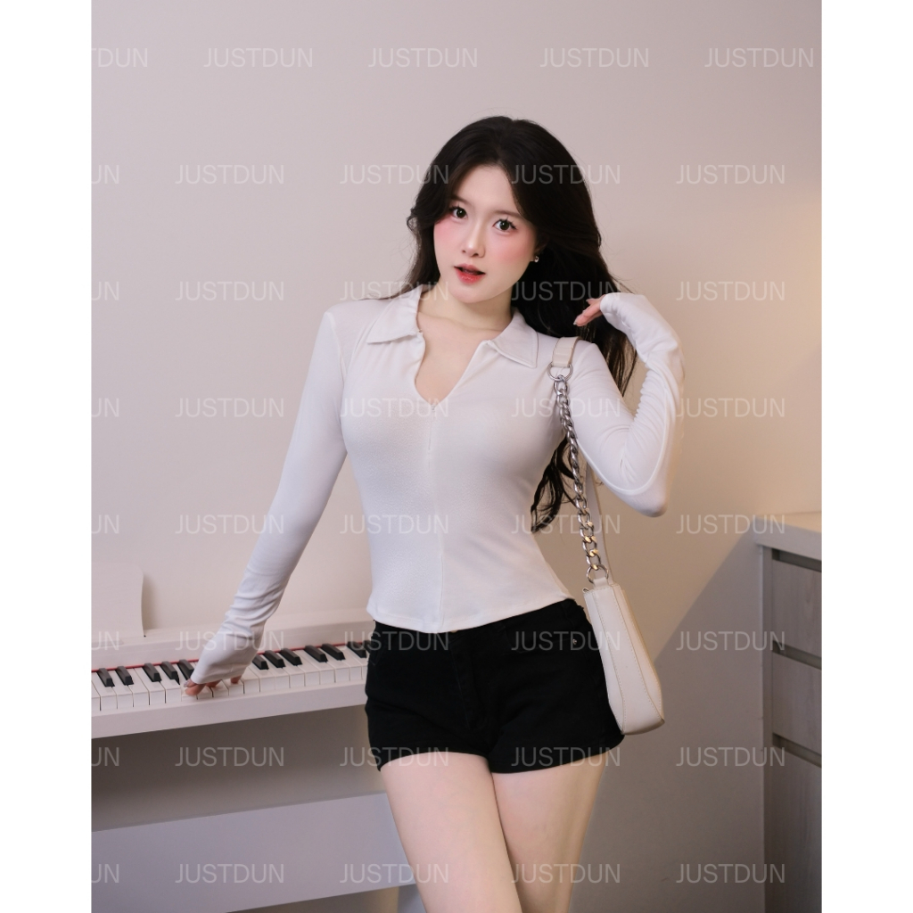 [Mở Bán] Áo Thun Nữ JUSTDUN 13A - Tay Dài, Ôm Body, Cổ Bẻ Phối Khóa Kéo, Dáng Vạt Bầu, Cotton Mịn | BigBuy360 - bigbuy360.vn