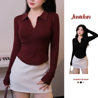 [Mở Bán] Áo Thun Nữ Tay Dài Ôm Body Cổ Bẻ Phối Khoá Kéo Dáng Vạt Bầu Cotton Lông mịn Justdun 13A