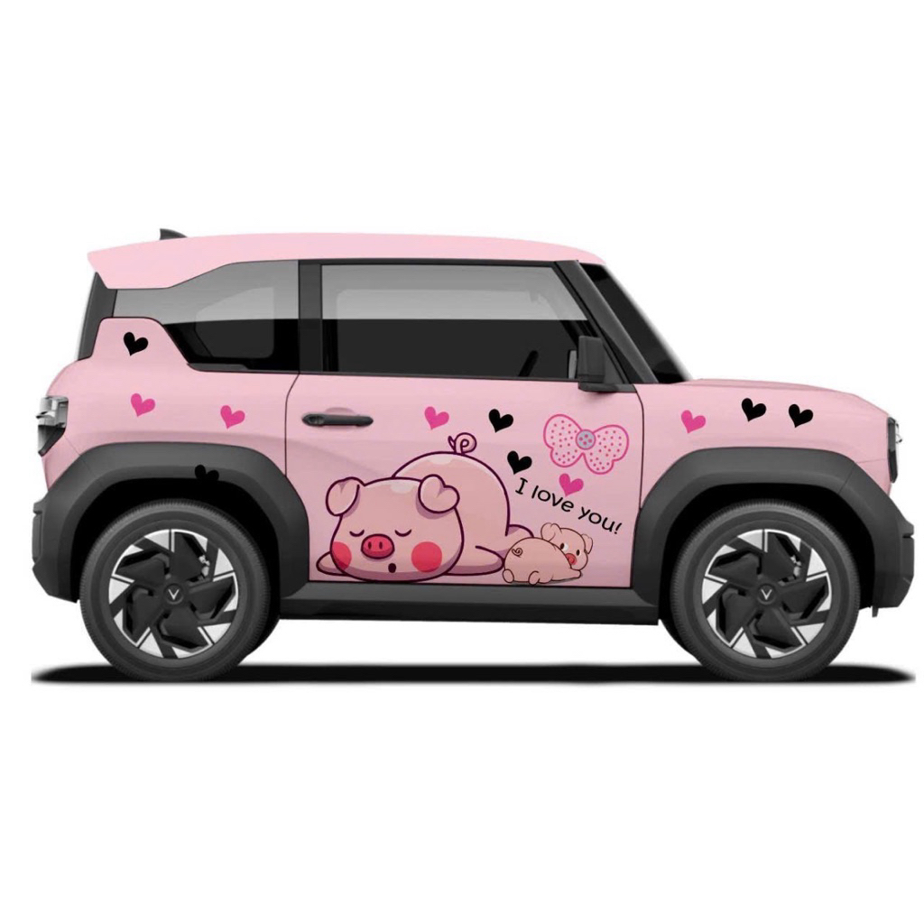 Decal tem xe VF3 mẫu thiết kế heo hồng .Tem in 4 lớp chống thấm nước cao cấp
