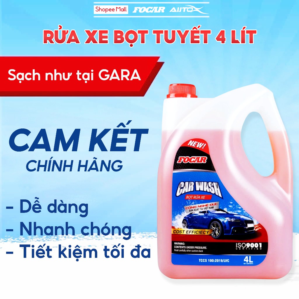 Nước rửa xe bọt tuyết Focar 4 lít vệ sinh ô tô xe máy làm sạch sâu siêu tạo bọt rửa xe nhanh tăng độ bóng cho sơn xe