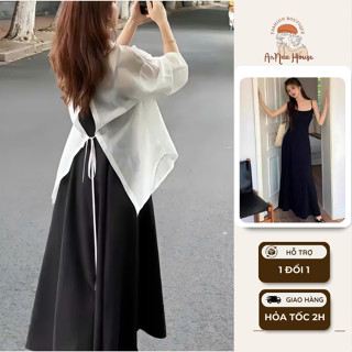 Set váy 2 dây kèm áo khoác ANNA HOUSE váy body dáng dài Áo khoác voan mỏng oversize đến 80kg