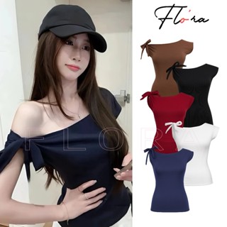  Áo Thun TRỄ VAI THẮT NƠ Dáng Dài Cộc Tay Mặc Nhiều Kiểu DD94 Áo Thun Nữ Chất Borip Lệch Vai Flo'ra 