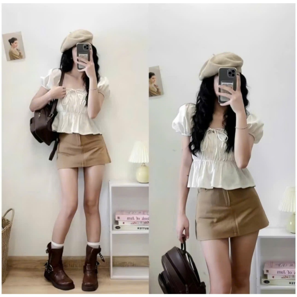 Áo babydoll linen cổ vuông tay bồng nơ ngực áo kiểu xinh cổ vuông-ALASAVA | BigBuy360 - bigbuy360.vn