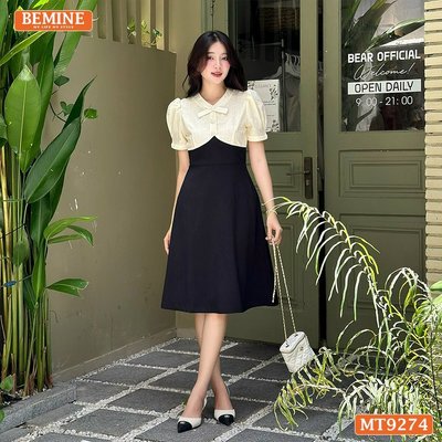 Đầm thiết kế phối lưới cổ đính nút dáng xòe BEMINE MT9274