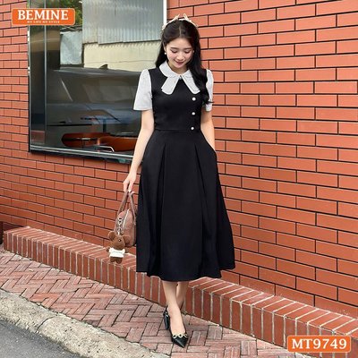 Đầm thiết kế BEMINE cổ sen có nơ may liền phối sọc dáng A xòe phù hợp đi làm, đi chơi-MT9749