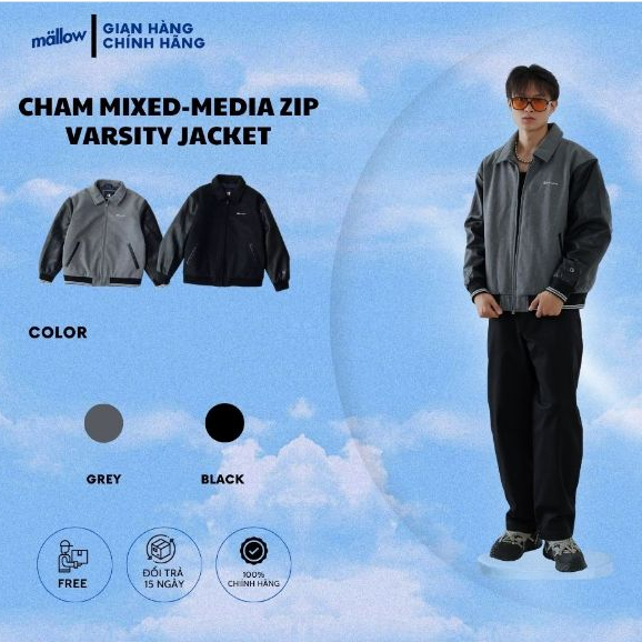 Áo khoác varsity nam nữ CHAM MIXED-MEDIA ZIP VARSITY JACKET da tay chất lượng tốt, cổ bẻ, có zip mượ