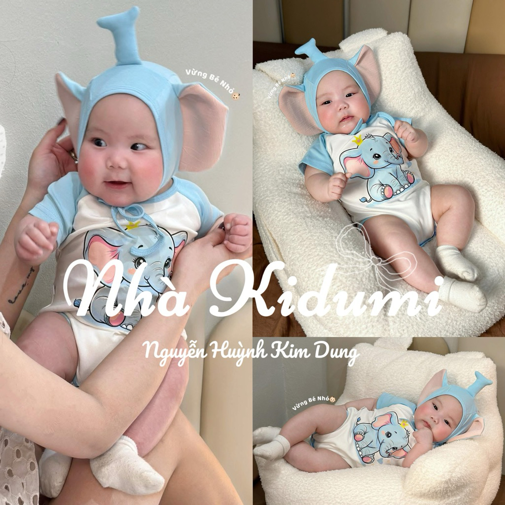 [Kèm nón] Bodysuit Con Voi cho bé trai bé gái chất cotton mềm, mịn, mát