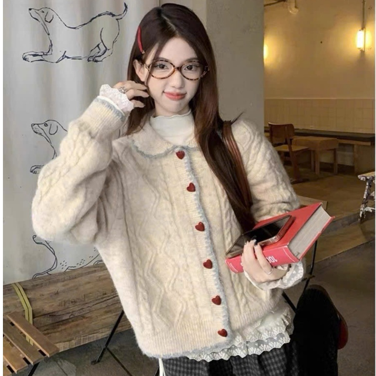 [SẴN] Áo Khoác Cardigan Nữ cổ Polo màu be Dày Dặn Cúc Tim, Áo Khoác Len Cổ Bẻ Điệu Đà Dễ Phối Đồ - 155 | BigBuy360 - bigbuy360.vn