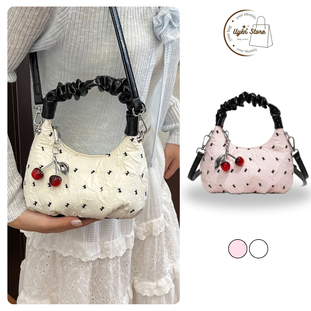 Túi xách đeo chéo, tay cầm dáng scrunchy họa tiết nơ dễ thương - DK170
