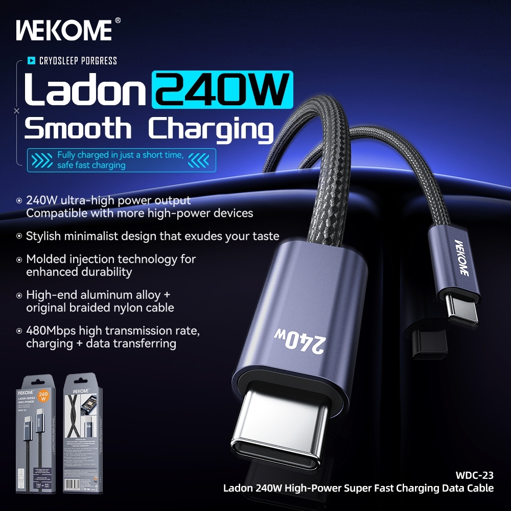 Cáp sạc nhanh 240W bọc vải Wekome WDC-23 và 100W Wekome WDC-11 (2 đầu Type-c). NL
