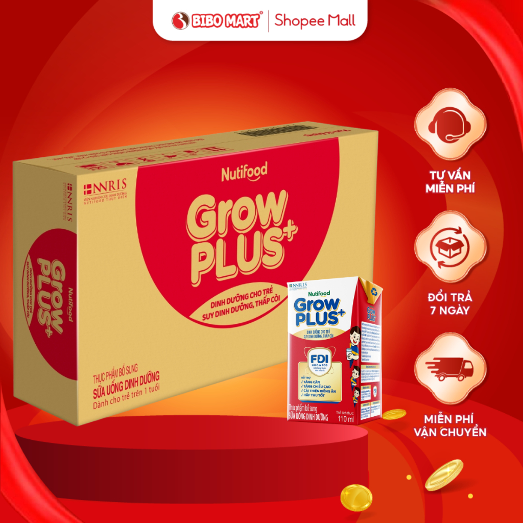 Thùng 48 Hộp Sữa Pha Sẵn GrowPLUS+ Đỏ Có Đường Hỗ Trợ Tiêu Hóa Tăng Cân Dành Cho Bé 110ml 180ml - Bibomart