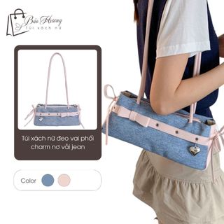  Túi xách nữ da PU phối jeans nơ xinh – túi đeo vai thời trang đi size 35cm  xanh phối hồng  