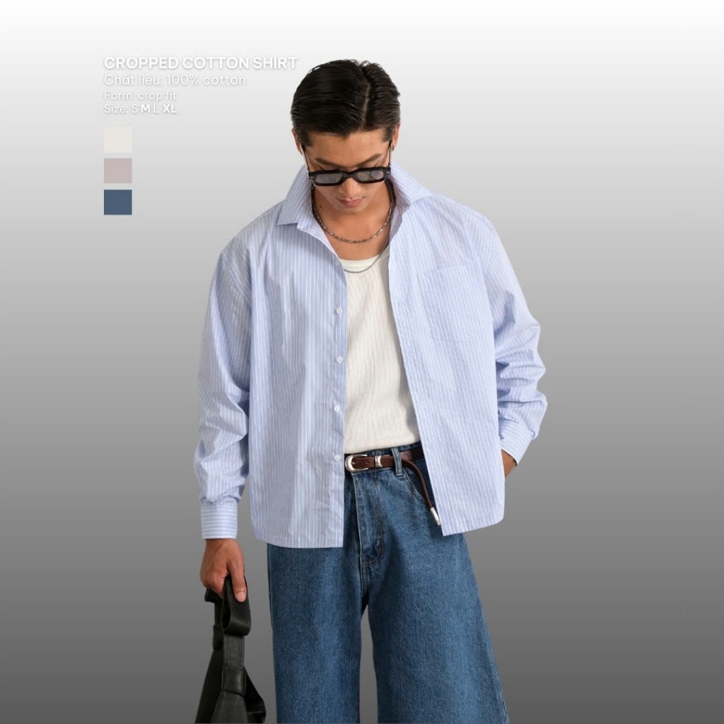 Áo Sơ Mi Nam Dài Tay Crop Dáng Ngắn Vải Cotton - B Brown Cropped Cotton Shirts