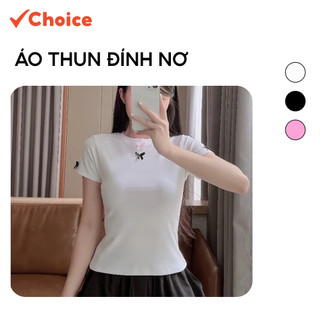 Áo thun đính nơ Choice  AH30 dáng ôm body cho nữ chất cotton co giãn thoải mái