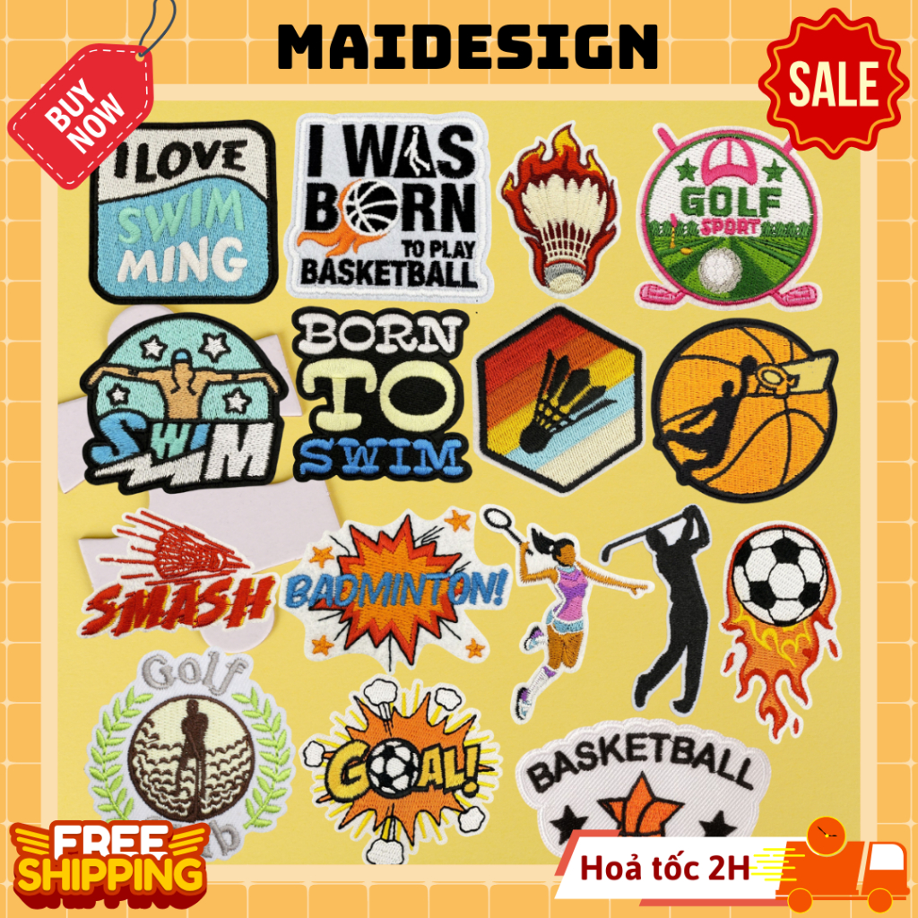 Patch ủi quần áo hình thêu vải dán balo túi Sport Golf Bóng Rổ Bóng Đá Swimming Bơi Pickleball
