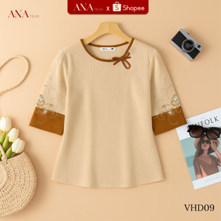  Áo Kiểu Thêu Hoa Trung Niên ANA Mode Chất Liệu Linen Thun Thanh Lịch Đi Chơi Quà Tặng Mẹ AK25VHD09 