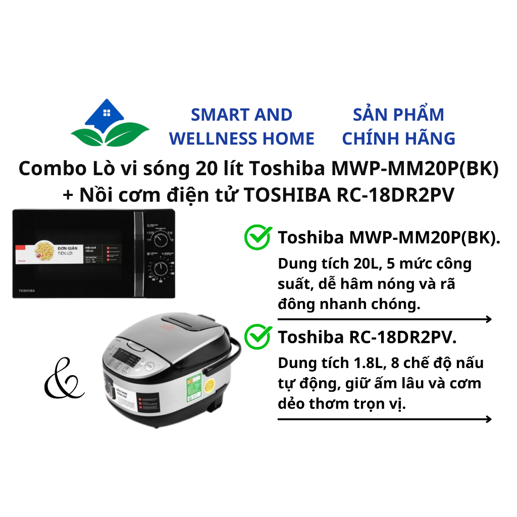 Combo Lò vi sóng 20 lít Toshiba MWP-MM20P(BK) + Nồi cơm điện tử TOSHIBA RC-18DR2PV
