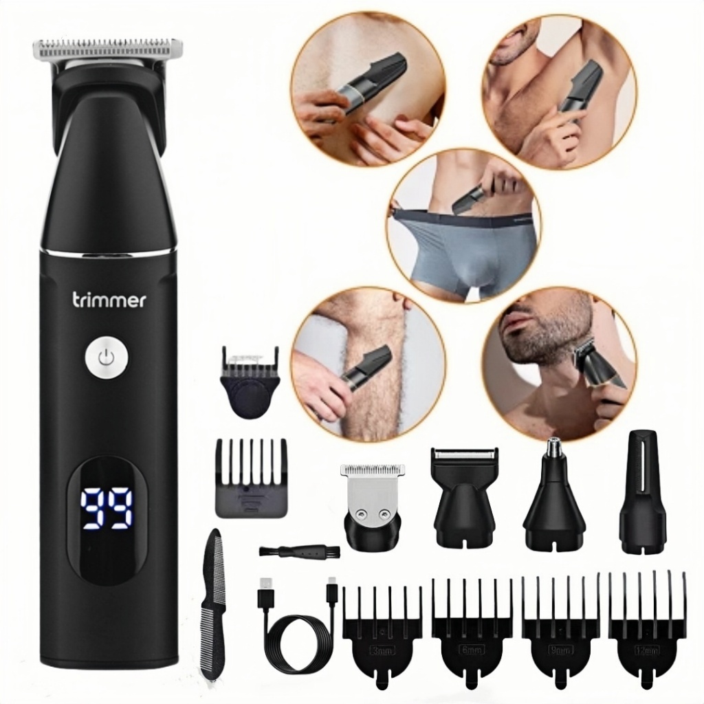 Tông đơ cắt tóc combo 5 trong 1 màu đen thiết kế cao cấp chống thấm nước công nghệ IPX7 + máy tỉa lông mũi