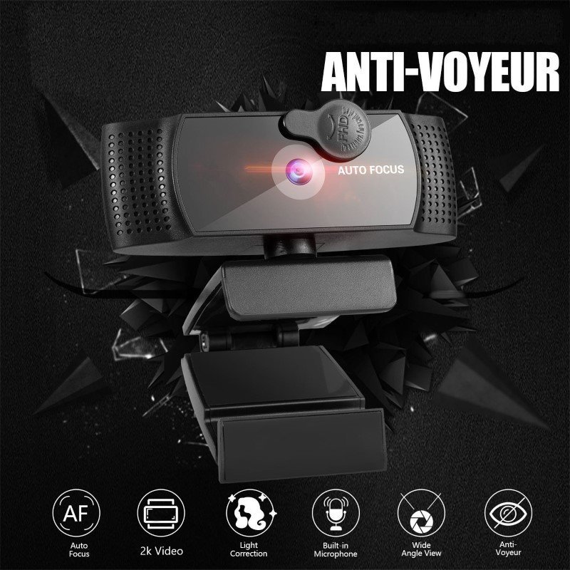 Webcam PGR 2K Auto Focus – camera máy tính 3MP, USB 1.5m, mic stereo chống ồn, có nắp che và tripod cho máy tính