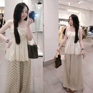  Set áo babydoll hai dây ren kèm quần ống rộng chấm bi cực xinh cho nữ phong cách nhẹ nhàng nữ tính set mùa hè đi biển 